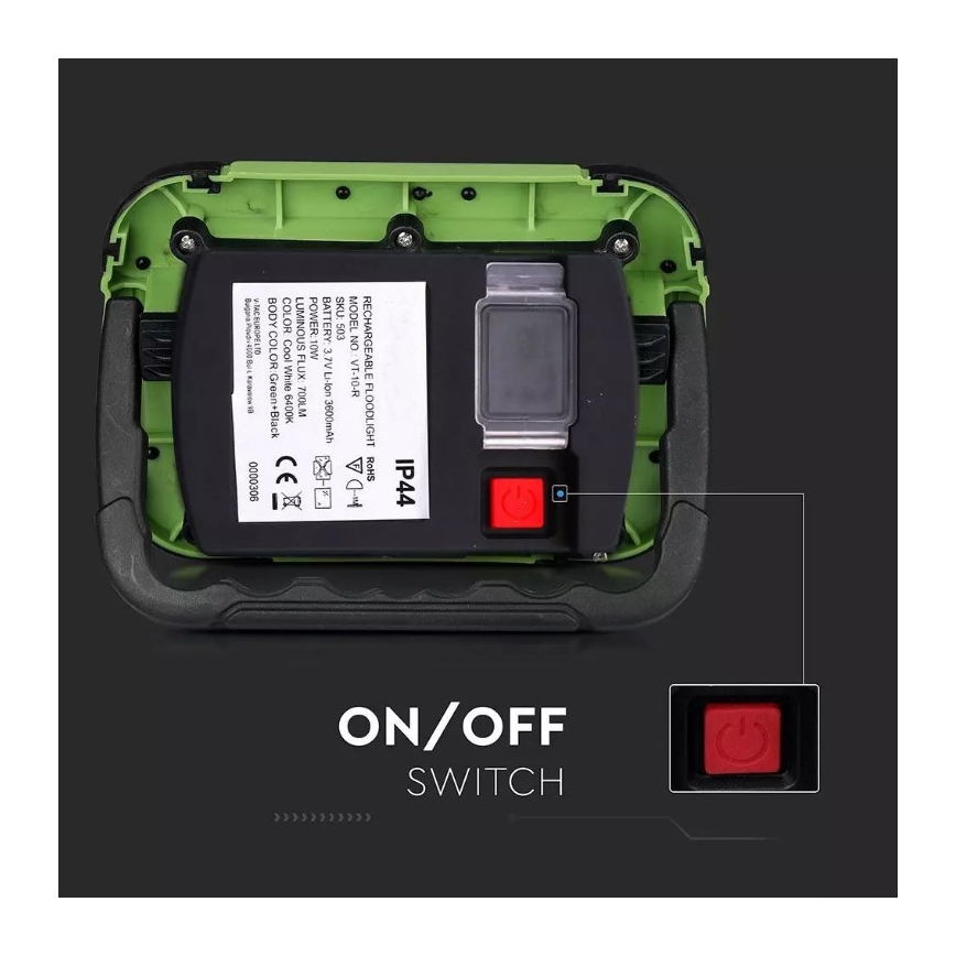 Akumulatorowy reflektor LED SAMSUNG CHIP LED/10W/3,7V IP44 6400K 3600 mAh zielony