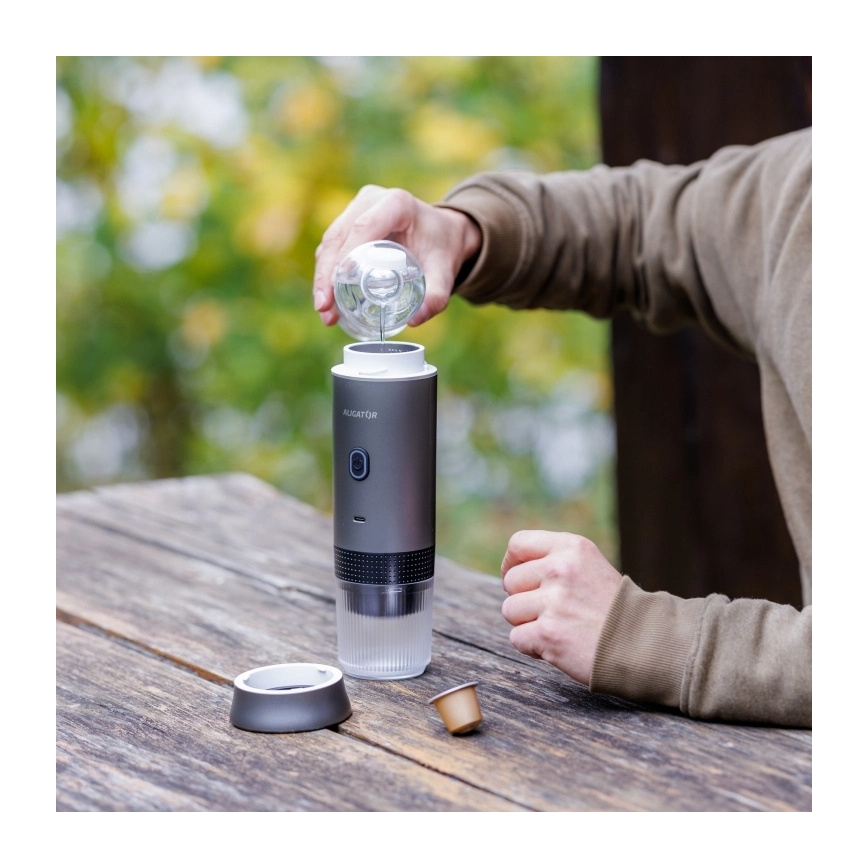 Aligator ACM002 - Podróżny ekspres do kawy z wbudowanym akumulatorem PortaCaffé 3w1 72W/7500 mAh szary