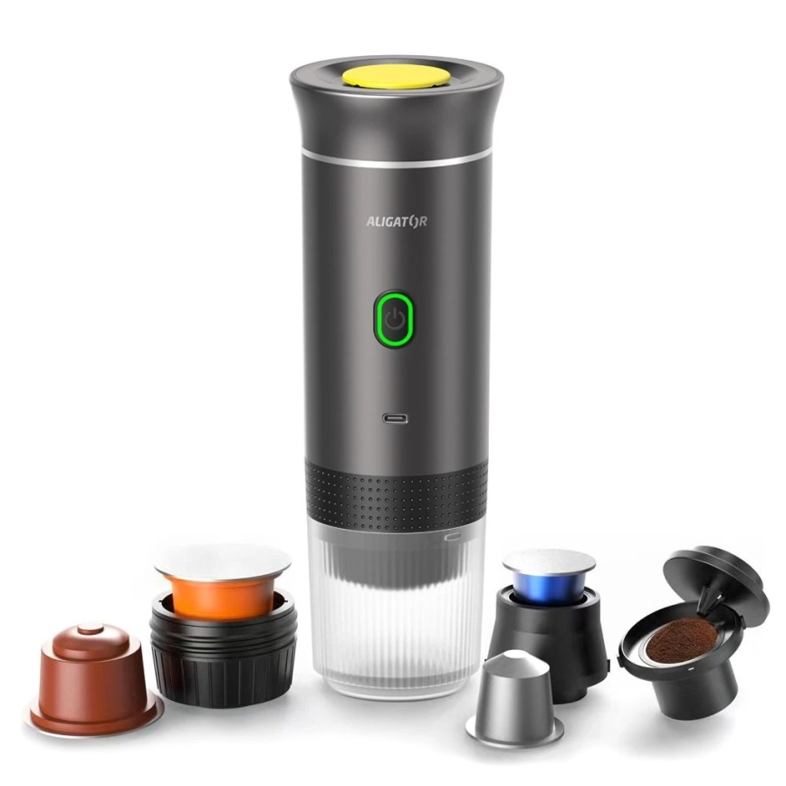 Aligator ACM002 - Podróżny ekspres do kawy z wbudowanym akumulatorem PortaCaffé 3w1 72W/7500 mAh szary