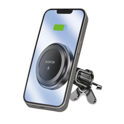 Aligator AMS05BK - Magnetyczny uchwyt samochodowy na telefon z bezprzewodowym ładowaniem Qi 15W i MagSafe, czarny