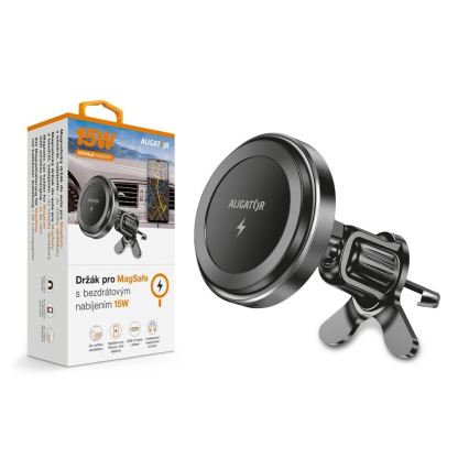 Aligator AMS05BK - Magnetyczny uchwyt samochodowy na telefon z bezprzewodowym ładowaniem Qi 15W i MagSafe, czarny