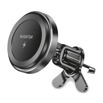 Aligator AMS05BK - Magnetyczny uchwyt samochodowy na telefon z bezprzewodowym ładowaniem Qi 15W i MagSafe, czarny