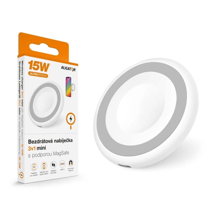 Aligator AMS08WT - Bezprzewodowa ładowarka MagSafe 3w1 15W biała