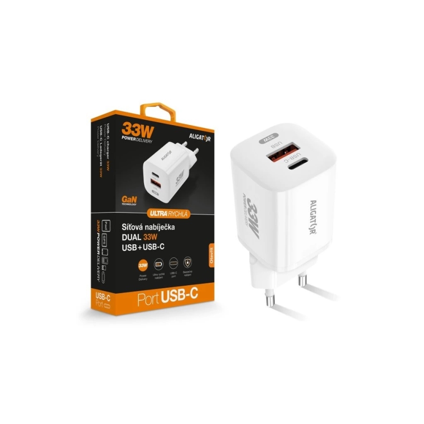 Aligator CHPD0020 - Szybki adapter GaN Power Delivery 33W USB-A + USB-C, biały