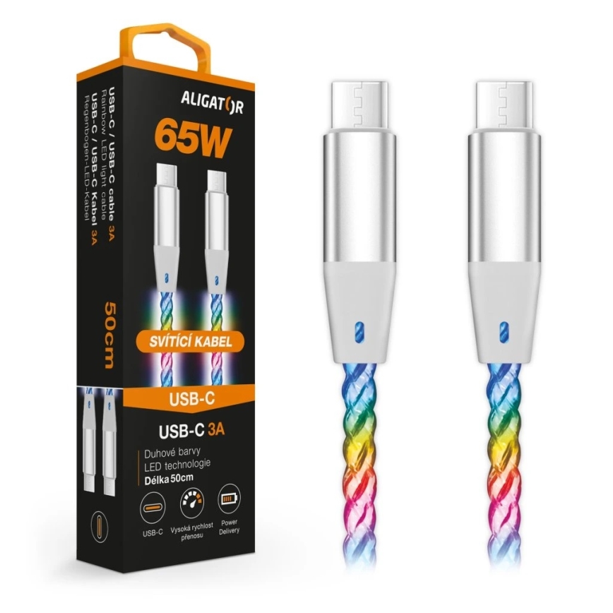 Aligator DATKP64 - kabel USB USB-C / USB-C z podświetleniem LED 65W Power Delivery 0,5m
