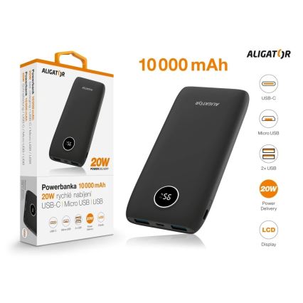 Aligator PBPD10BK - Powerbank z wyświetlaczem LCD Power Delivery 10000 mAh/20W/3,7V czarny