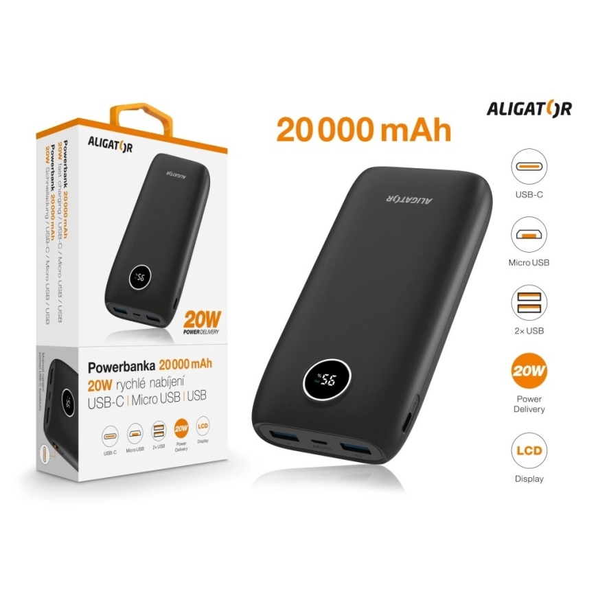 Aligator PBPD20BK - powerbank z wyświetlaczem LCD, Power Delivery 20000 mAh/20W/3,7V, czarny
