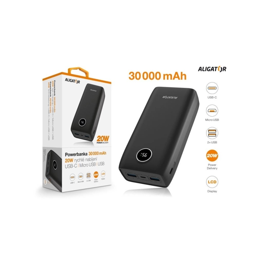 Aligator PBPD30BK - powerbank z wyświetlaczem LCD Power Delivery 30000 mAh/20W/3,7V czarny