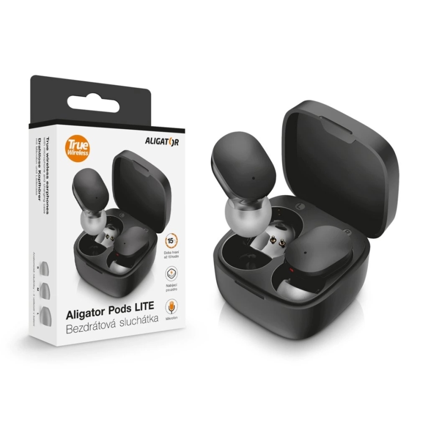 Aligator TWS05 - Bezprzewodowe słuchawki Pods LITE 200 mAh + 2x 30 mAh IP30 czarne