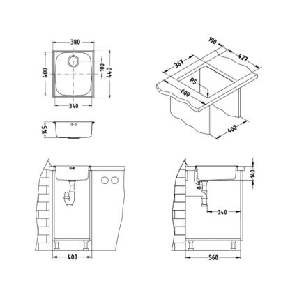 ALVEUS 1082195 - Zlewozmywak kuchenny BASIC 44x38 cm, stal nierdzewna satynowa, duży odpływ