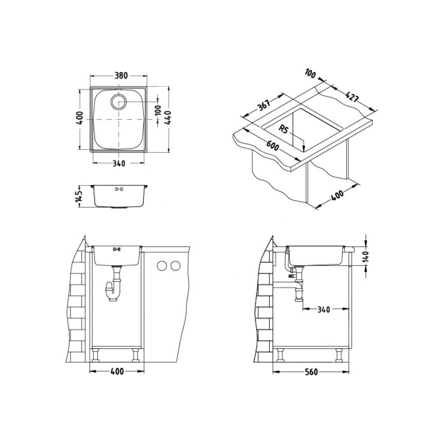 ALVEUS 1082195 - Zlewozmywak kuchenny BASIC 44x38 cm, stal nierdzewna satynowa, duży odpływ