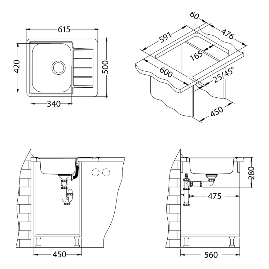 ALVEUS 1144603 - Zlewozmywak kuchenny LINE 61,5x50 cm stal nierdzewna/satyna, bez ekscentryka