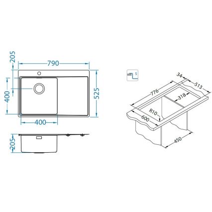 ALVEUS 1149516 - Zlewozmywak kuchenny PURE 79x52,5 cm satynowy, prawostronny + syfon z korkiem klik-klak