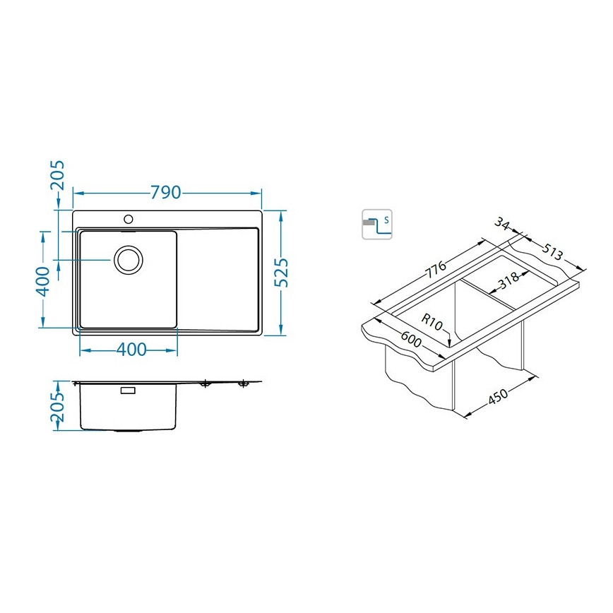ALVEUS 1149516 - Zlewozmywak kuchenny PURE 79x52,5 cm satynowy, prawostronny + syfon z korkiem klik-klak