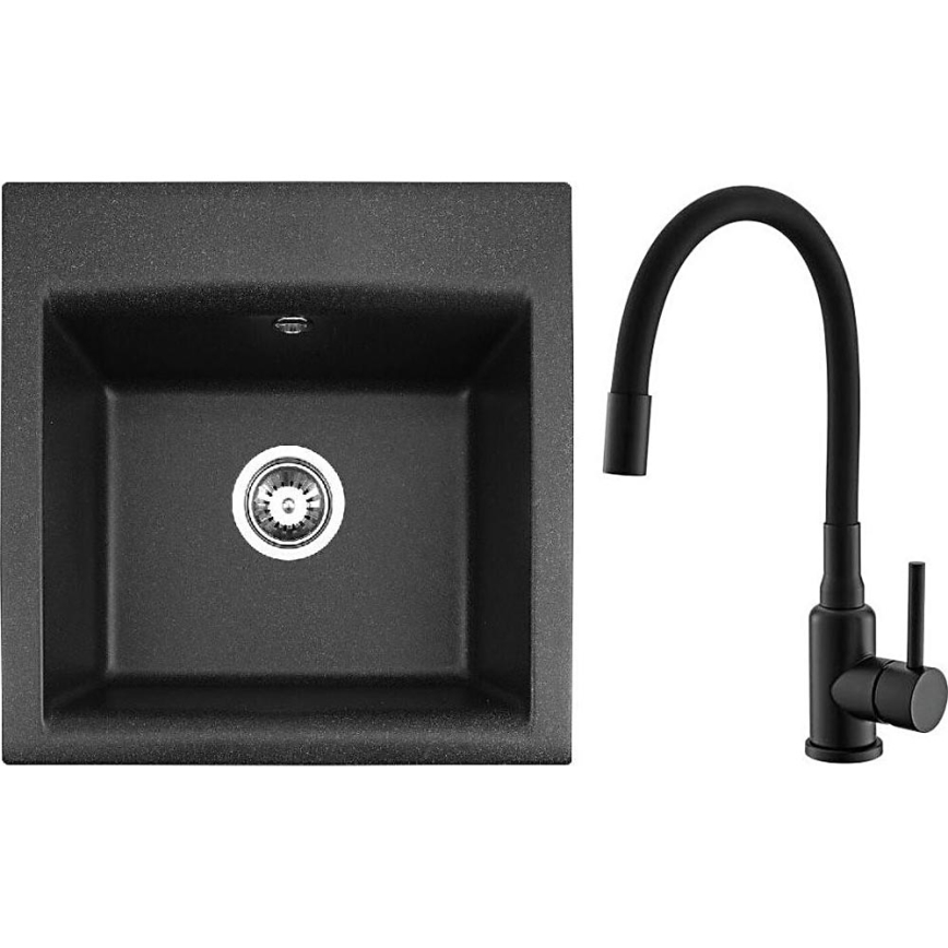 ALVEUS SETA23193 - Zlew kuchenny ATROX 50x50 cm + bateria kuchenna z elastyczną wylewką MINTAS 34 cm, granit/matowa czerń