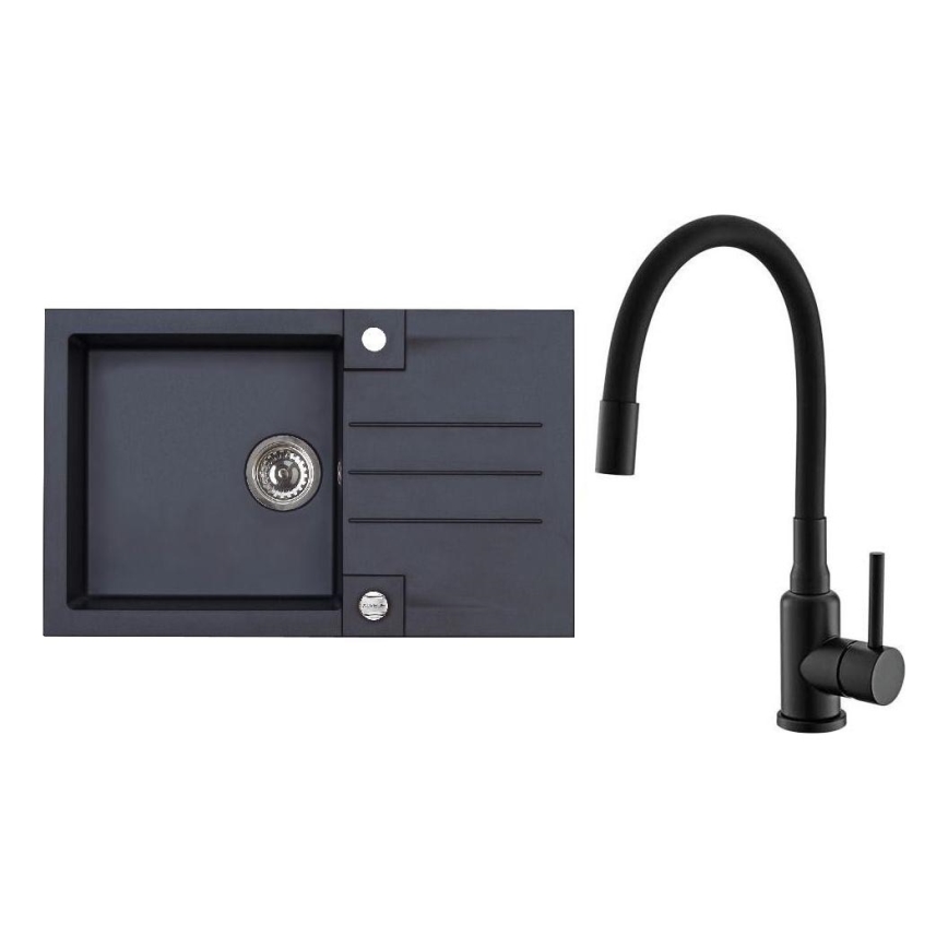 ALVEUS SETA23201 - Zlewozmywak kuchenny ROCK 78x48 cm + bateria zlewozmywakowa z elastycznym ramieniem MINTAS 34 cm, granit/matowa czerń