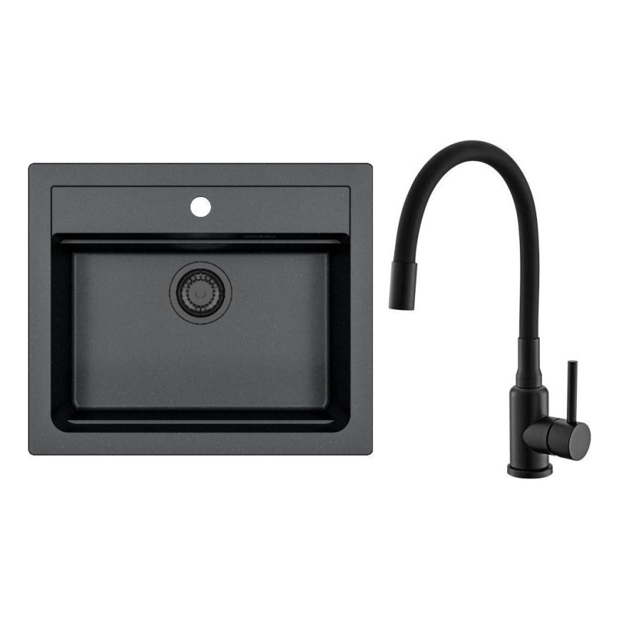 ALVEUS SETA23228 - Zlew kuchenny ATROX 59x50 cm + bateria zlewozmywakowa z giętką wylewką MINTAS 34 cm granit/matowa czerń