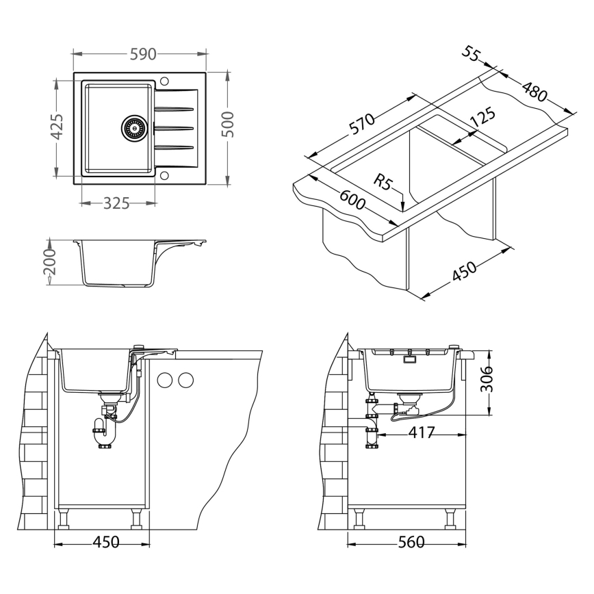 ALVEUS SETA23230 - Zlewozmywak kuchenny CADIT 59x50 cm + bateria zlewozmywakowa z giętką wylewką MINTAS 34 cm, granit/matowa czerń