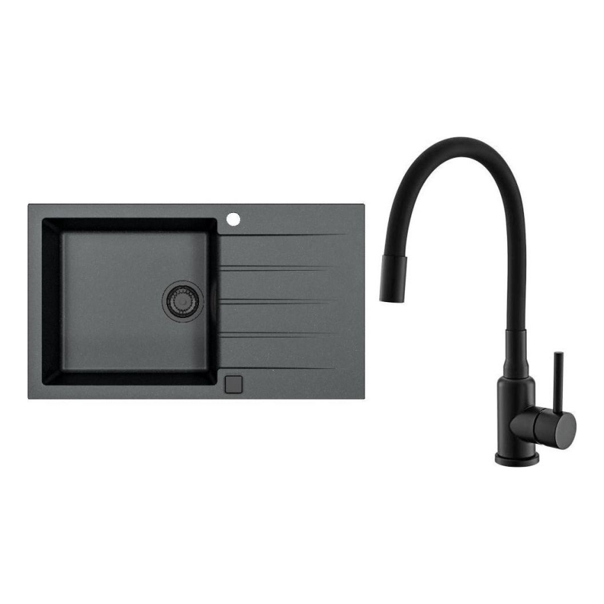 ALVEUS SETA23232 - Zlew kuchenny CADIT 86x50 cm + bateria kuchenna z elastyczną wylewką MINTAS 34 cm granit/matowa czerń