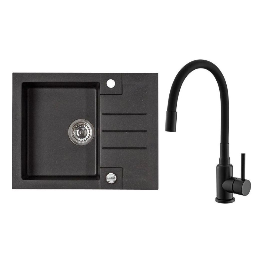 ALVEUS SETA23236 - Zlewozmywak kuchenny ROCK 59,5x47,5 cm + bateria kuchenna z elastycznym ramieniem MINTAS 34 cm granit/matowa czerń