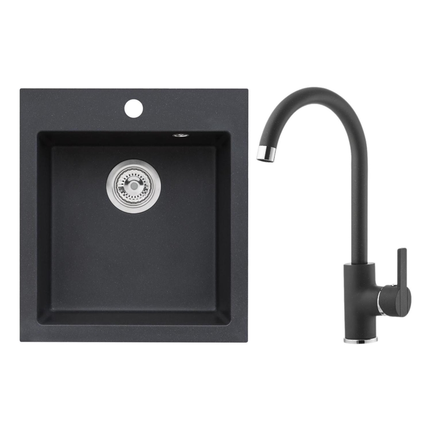ALVEUS SETA737 - Zlew kuchenny CORTINA 50x45 cm + bateria zlewozmywakowa TONIA 29,5 cm z giętką wylewką, granit/matowa czerń