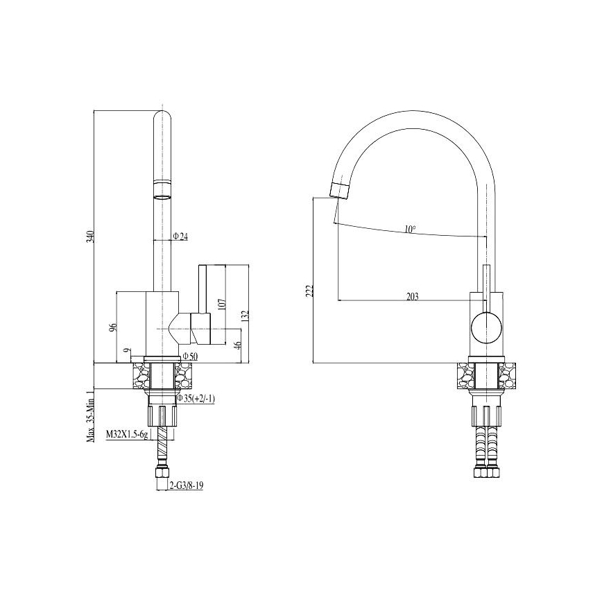 ALVEUS SETA737 - Zlew kuchenny CORTINA 50x45 cm + bateria zlewozmywakowa TONIA 29,5 cm z giętką wylewką, granit/matowa czerń