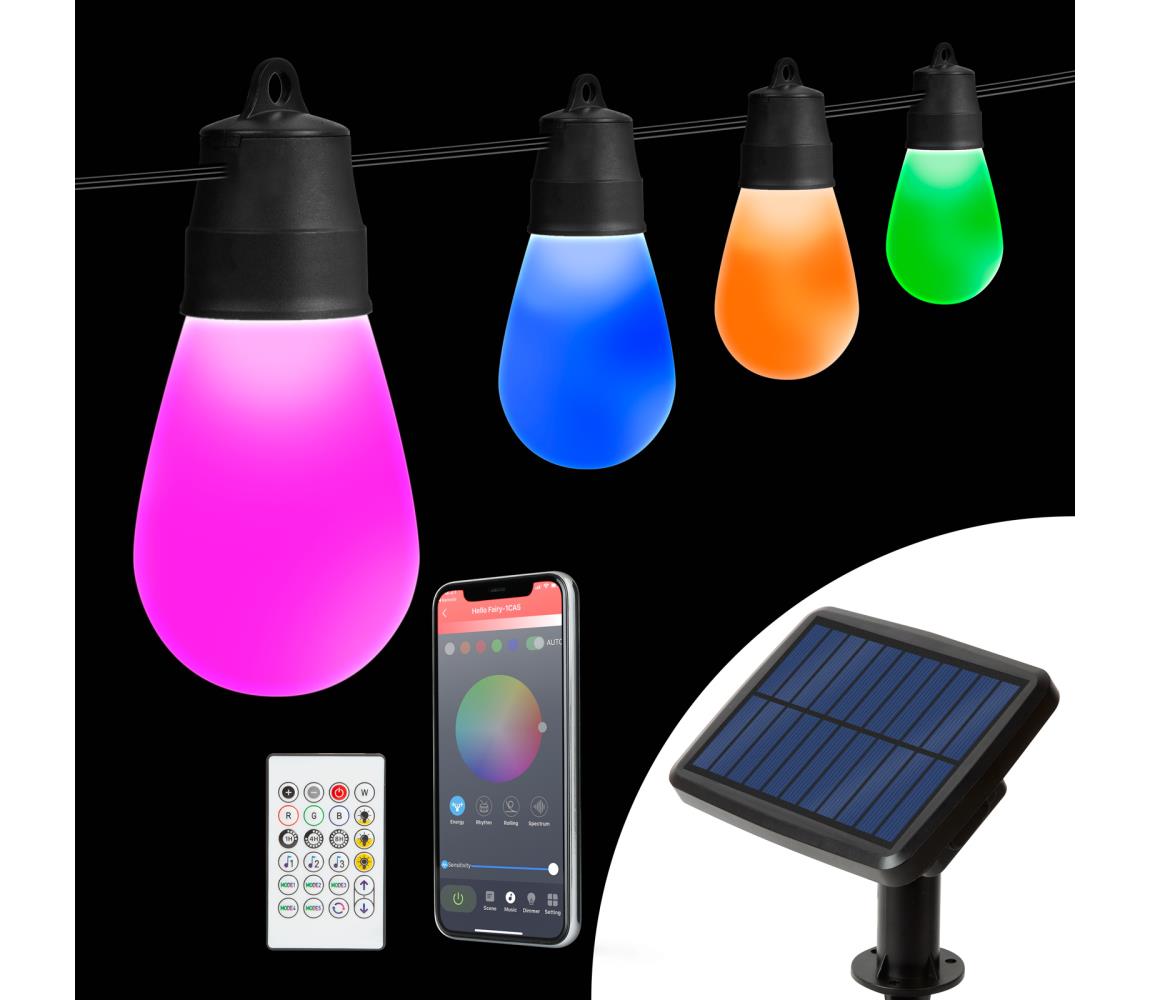 Łańcuch solarny LED RGBIC, 15 diod LED, 1,3 W/3,7 V, akumulator 2200 mAh, długość 8 m, IP65, kolor czarny + pilot zdalnego sterowania