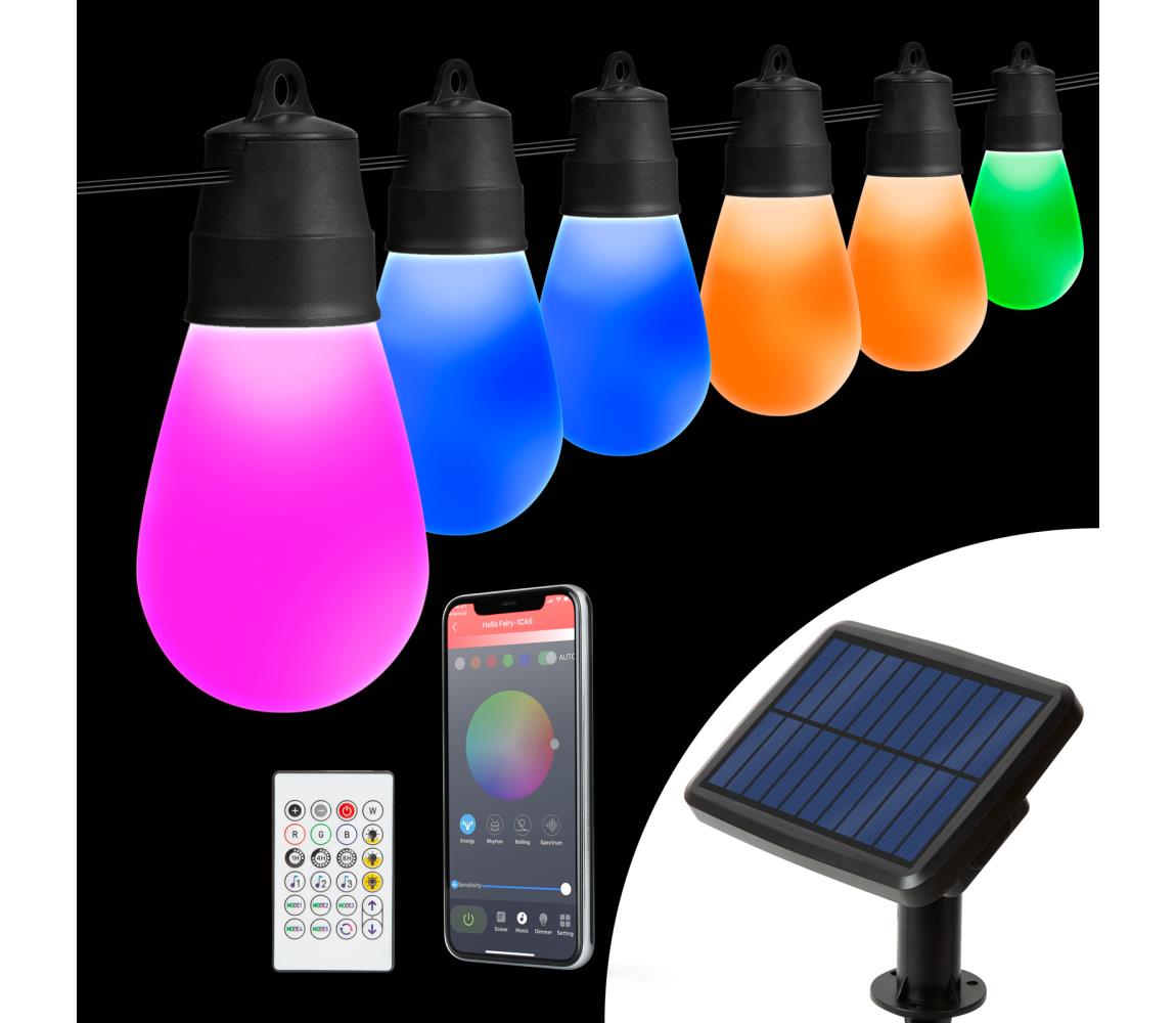 Łańcuch solarny LED RGBIC 30xLED/1,3W/3,7V 2200 mAh 14,37 m IP65 czarny + pilot