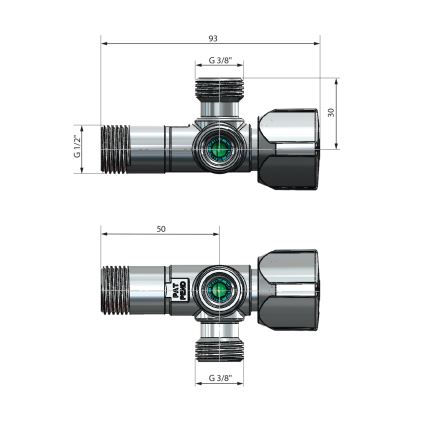 Arco - Kątowy zawór kombinowany z dwoma wyjściami A-80, chrom błyszczący