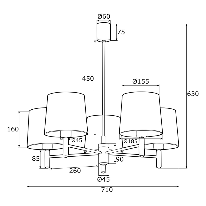 Argon 2085 - Lampa wisząca na pręcie PONTE 5xE27/15W/230V mosiądz/niebieski