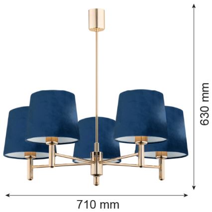 Argon 2086 - Lampa wisząca na pręcie PONTE 5xE27/15W/230V mosiądz/niebieski