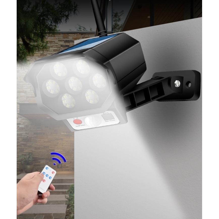 Atrapa kamery bezpieczeństwa LED z czujnikiem i panelem solarnym LED/5W/5,5V 800 mAh IP65 + pilot zdalnego sterowania