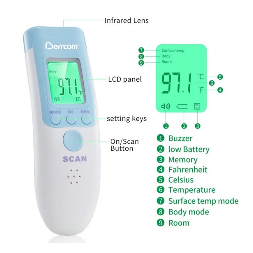Bezdotykowy termometr na podczerwień Berrcom JXB-183 2 × AA