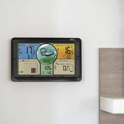 Bezprzewodowa stacja pogodowa z kolorowym wyświetlaczem LCD i deszczomierz 3xAAA czarna