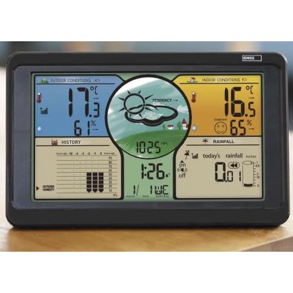 Bezprzewodowa stacja pogodowa z kolorowym wyświetlaczem LCD i deszczomierz 3xAAA czarna
