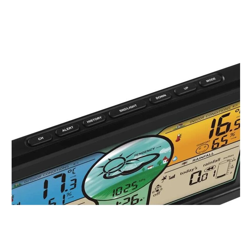 Bezprzewodowa stacja pogodowa z kolorowym wyświetlaczem LCD i deszczomierz 3xAAA czarna