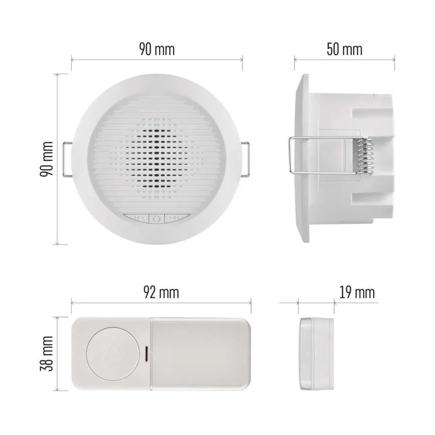 Bezprzewodowy dzwonek do zabudowy 230V + 1xCR2032 biały