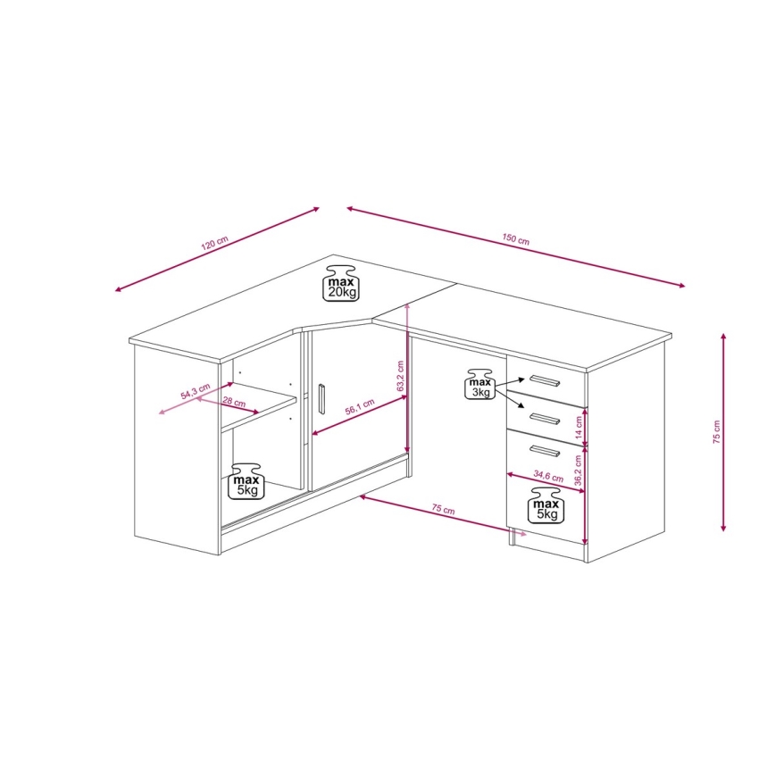Biurko z półką i szufladami ROBERTO prawe dąb artisan/białe