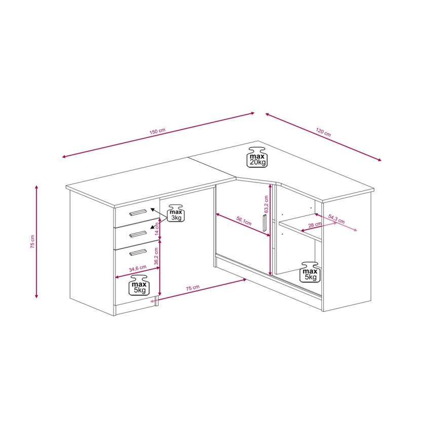 Biurko z półką i szufladami ROBERTO prawe dąb artisan/biały