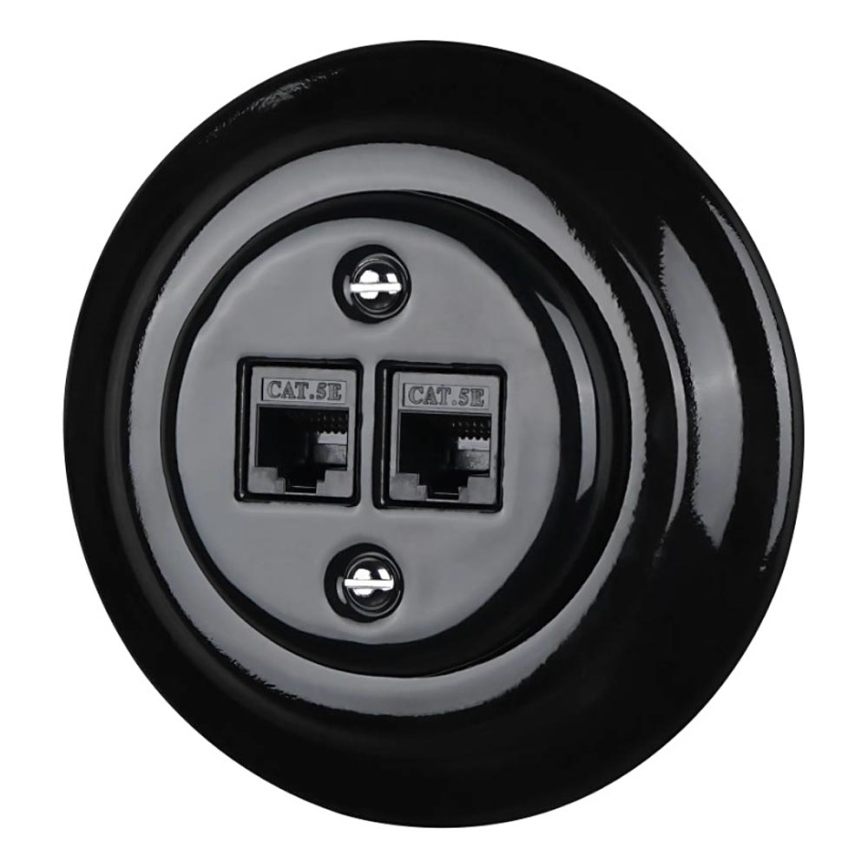 Bohemia-Design - Porcelanowe retro gniazdo Ethernet z ramką 2xCAT.5E czarne
