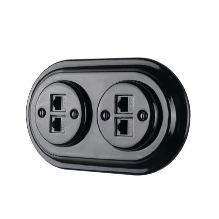 Bohemia-Design - Porcelanowe retro gniazdo Ethernet z ramką 2xCAT.5E czarne