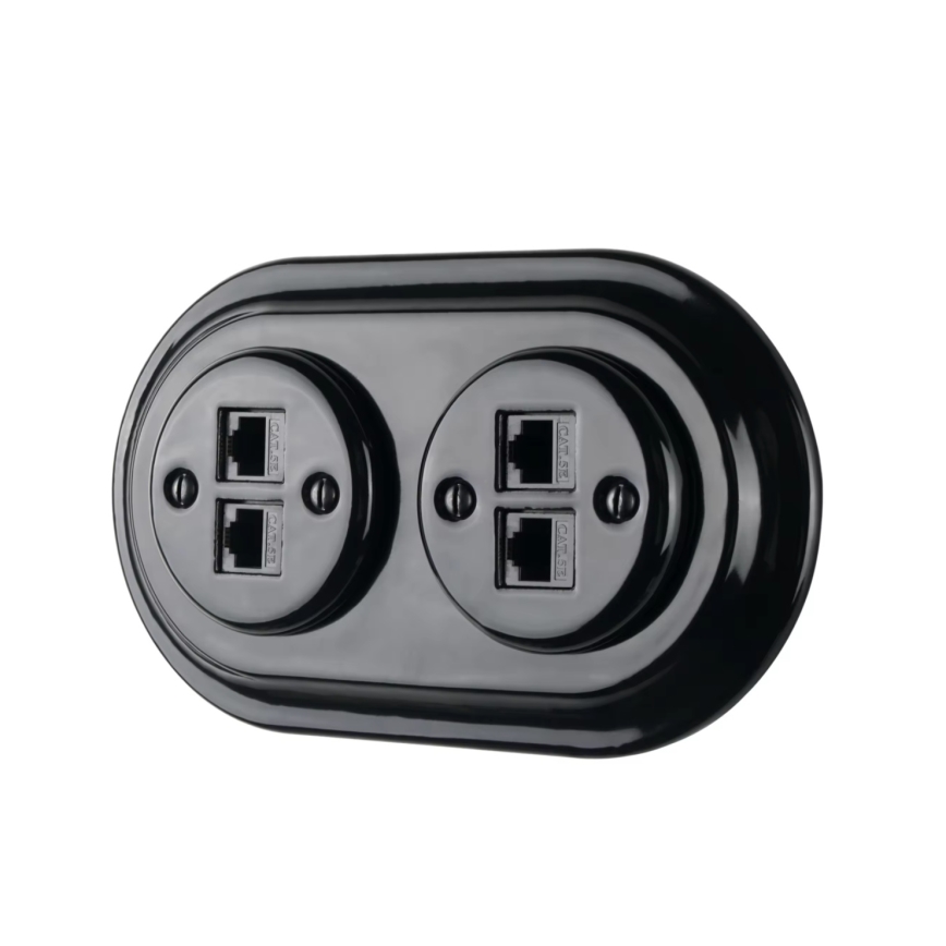 Bohemia-Design - Porcelanowe retro gniazdo Ethernet z ramką 2xCAT.5E czarne