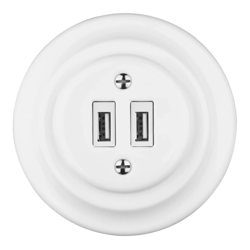 Bohemia-Design - Porcelanowe retro gniazdo zasilające USB z ramką, 2x USB-A, białe