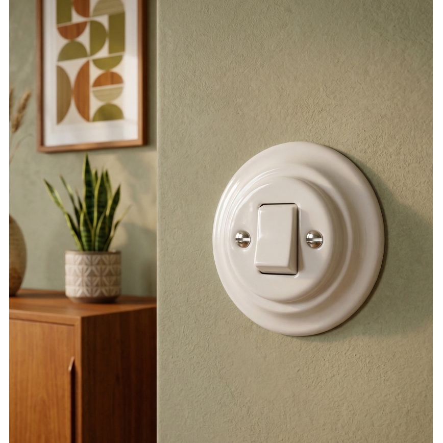 Bohemia-Design - Porcelanowy retro jednoprzyciskowy wyłącznik z ramką nr. 7 biały