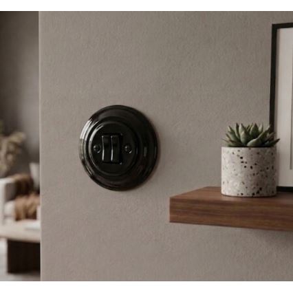 Bohemia-Design - Porcelanowy retro podwójny włącznik z ramką nr 6+6, czarny