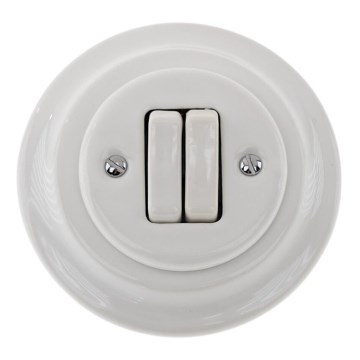 Bohemia-Design - porcelanowy, retro, podwójny wyłącznik z ramką nr 6+6, biały