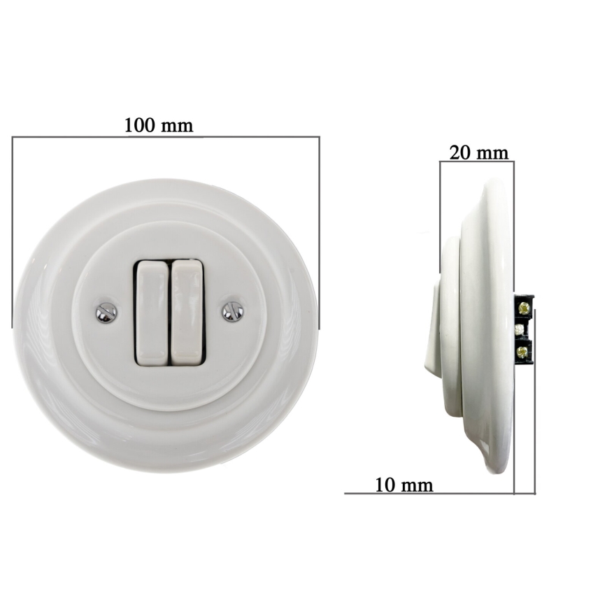 Bohemia-Design - porcelanowy, retro, podwójny wyłącznik z ramką nr 6+6, biały