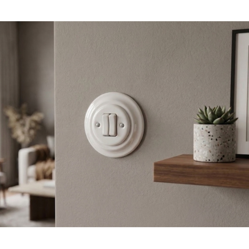 Bohemia-Design - porcelanowy, retro, podwójny wyłącznik z ramką nr 6+6, biały