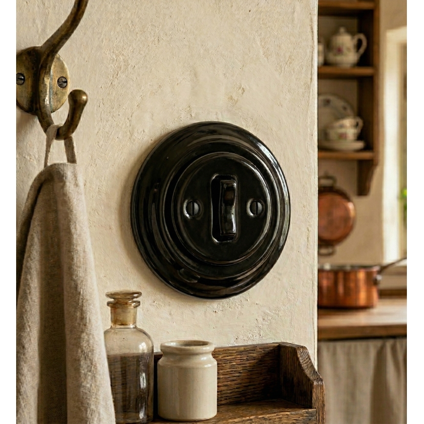 Bohemia-Design - Porcelanowy retro pojedynczy przycisk z ramką do dzwonka, czarny