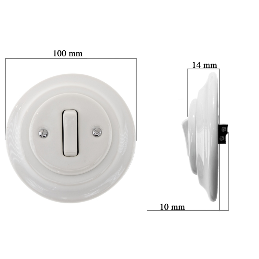 Bohemia-Design - Porcelanowy retro pojedynczy wyłącznik z ramką do dzwonka, biały